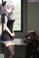 A girl in a school uniform standing next to a black dog.