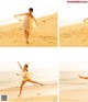 A woman in a white dress is dancing on the beach.